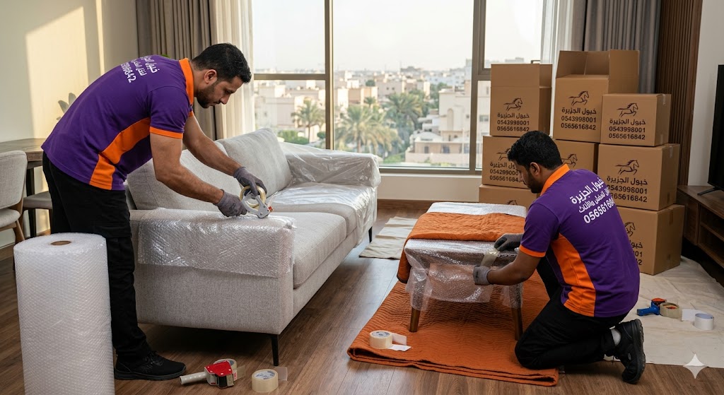 عمالة شركة خيول الجزيرة تقوم بتغليف كنب غرف المعيشة بالسوليفان